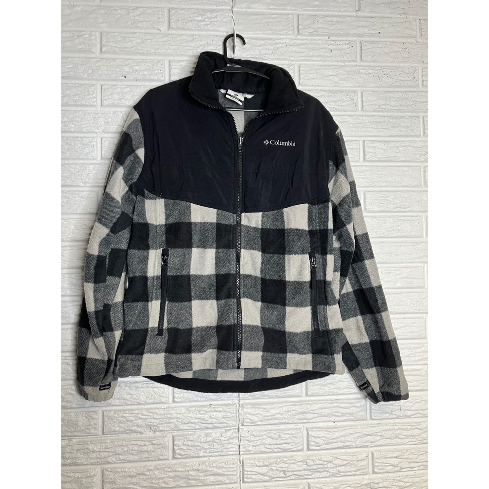 Columbia Fleece Jacket Mens‎ Medium Grey Black Good Buffalo Plaid Interchange